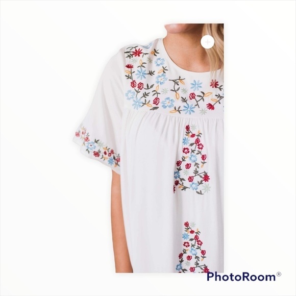 ORANGE CREEK LA White Floral Embroidered Short Sleeve Midi Dress Size Large - Picture 6 of 12